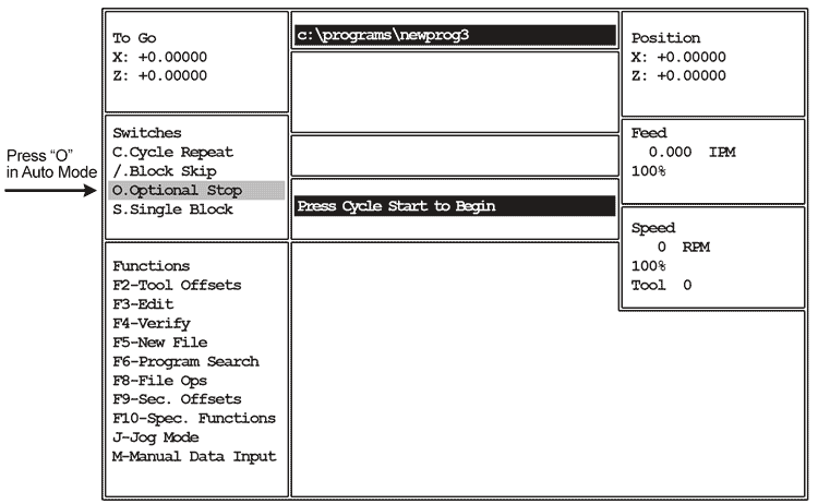 Image of Screen with Optional Stop Selected, Auto Mode