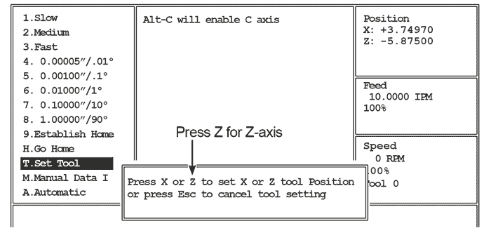 Image of OmniTurn Tool Offset Page: Select Z Axis