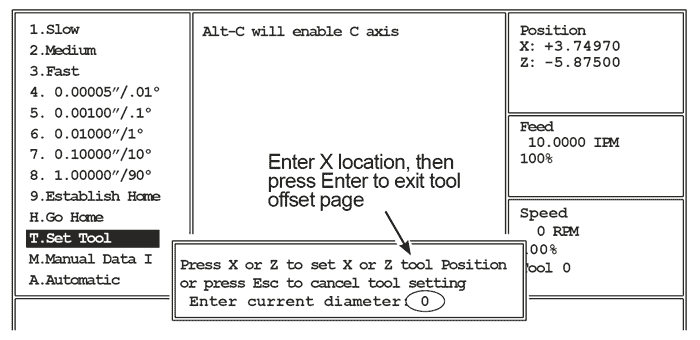 Image of OmniTurn Tool Offset Page: Enter X Location