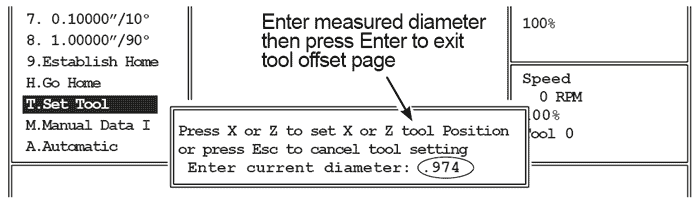Image of OmniTurn Tool Offset Page: Enter Measured Diameter