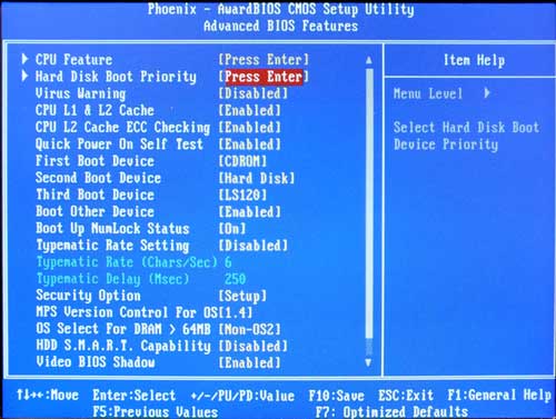 Image of M830 BIOS Advanced Features Screen with Boot Priority highlighted