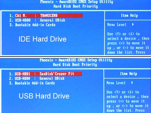 Image of two M830 BIOS Boot Priority Screens, showing USB hard drive versus IDE hard drive