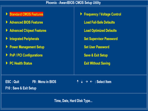 Image of ML BIOS Main Screen with Standard Features highlighted