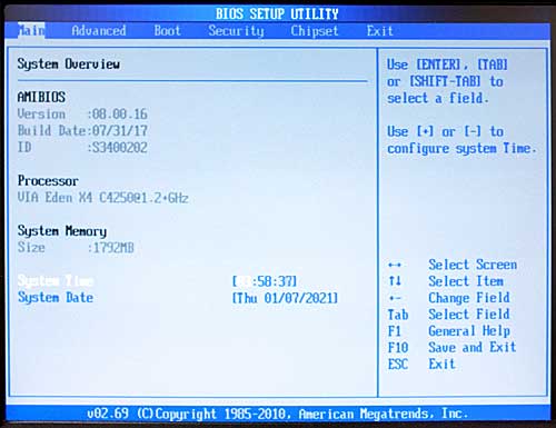 Image of VB7009 BIOS Main Screen