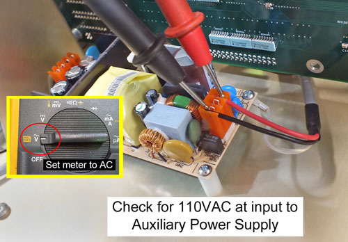 Image of meter leads at input of auxiliary power supply