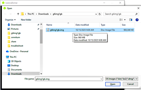 Image of downloads > g4img1gb folder with q4img1gb.img selected