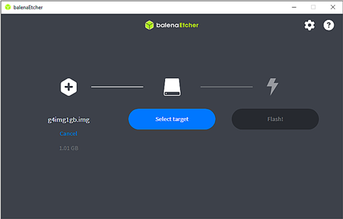 Image of balena Etcher main menu with Select target highlighted