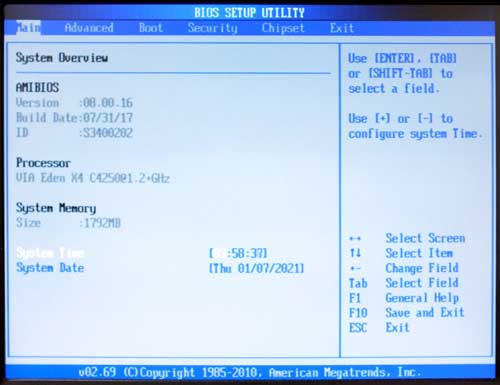 VB7009 BIOS Main Screen